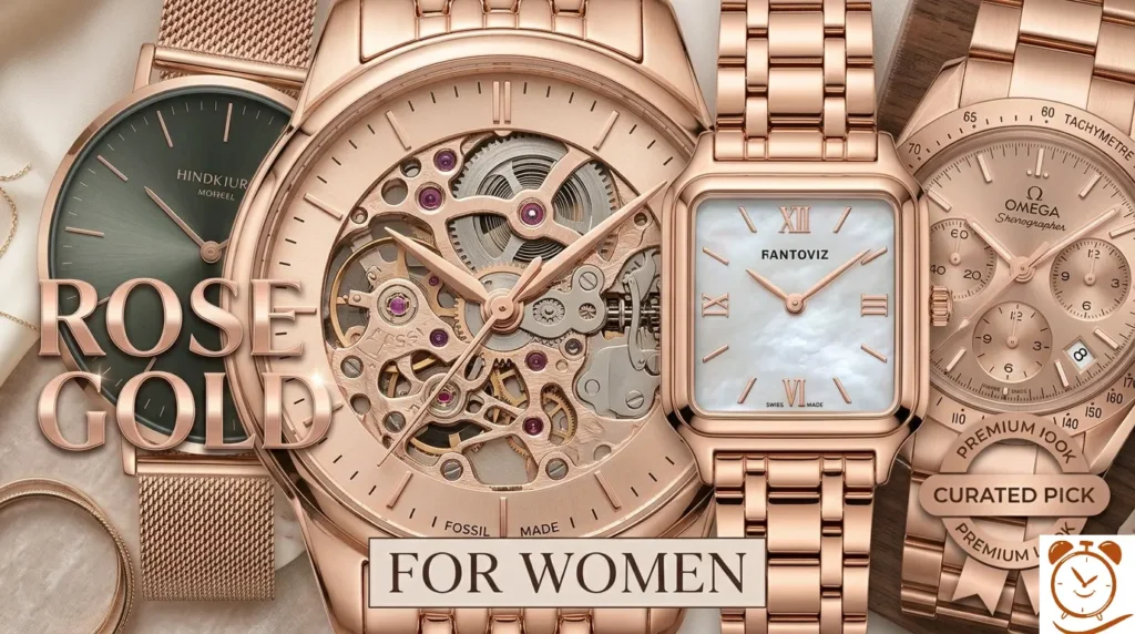 Luxury Fossil rose gold analog watch for women on white background