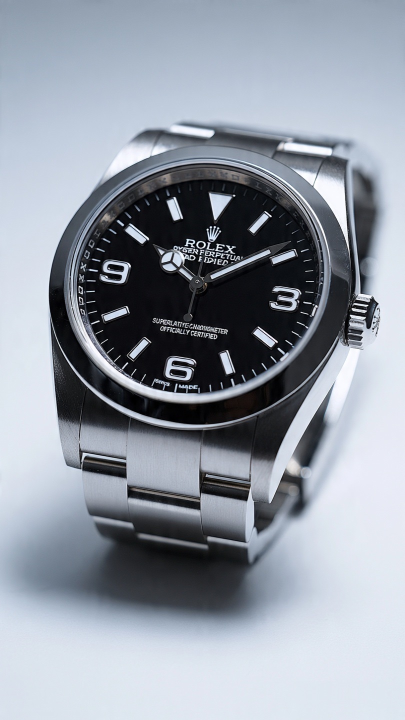 Rolex Explorer 214270 with 3-6-9 numerals and Chromalight hands on matte black dial