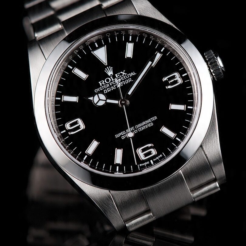 Rolex Explorer 214270 showing solid screw-down case back and Oystersteel construction