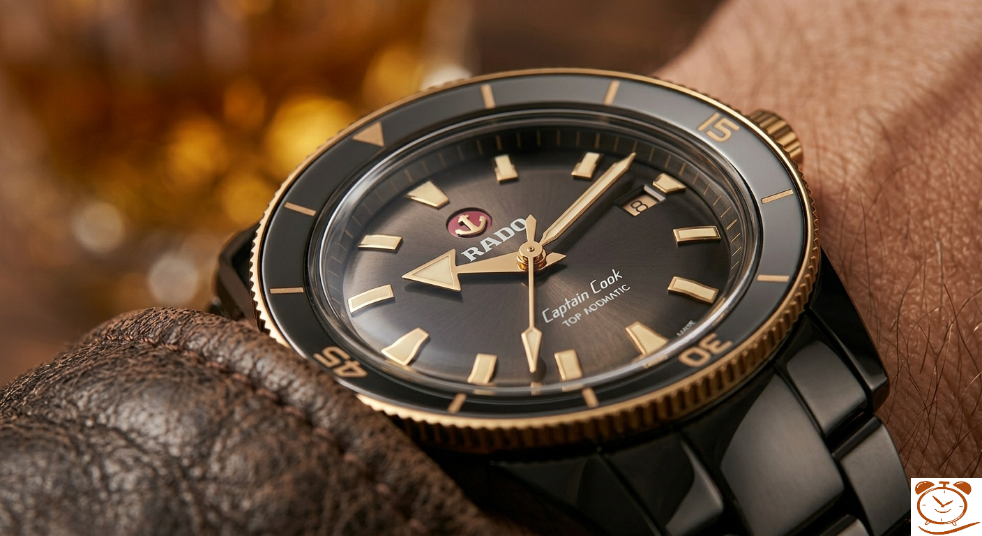 Rado Captain Cook automatic watch featuring a bronze case and green dial, showcasing one of the best Rado Watches for Men for diving.