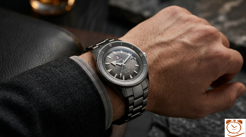the Rado True Square Open Heart model with a black high-tech ceramic case