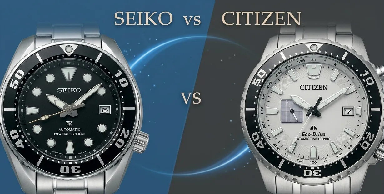 A comparison chart showing Seiko Spring Drive accuracy of ±1 second per day versus Citizen Caliber 0100 accuracy of ±1 second per year.