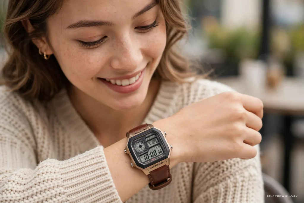 Casio AE-1200WHL-5AV review image featuring brown leather strap