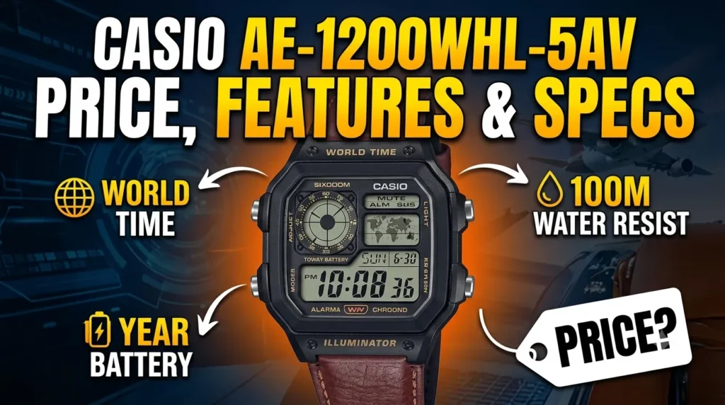 Casio AE-1200WHL-5AV product image highlighting travel featuresCasio AE-1200WHL-5AV product image highlighting travel features