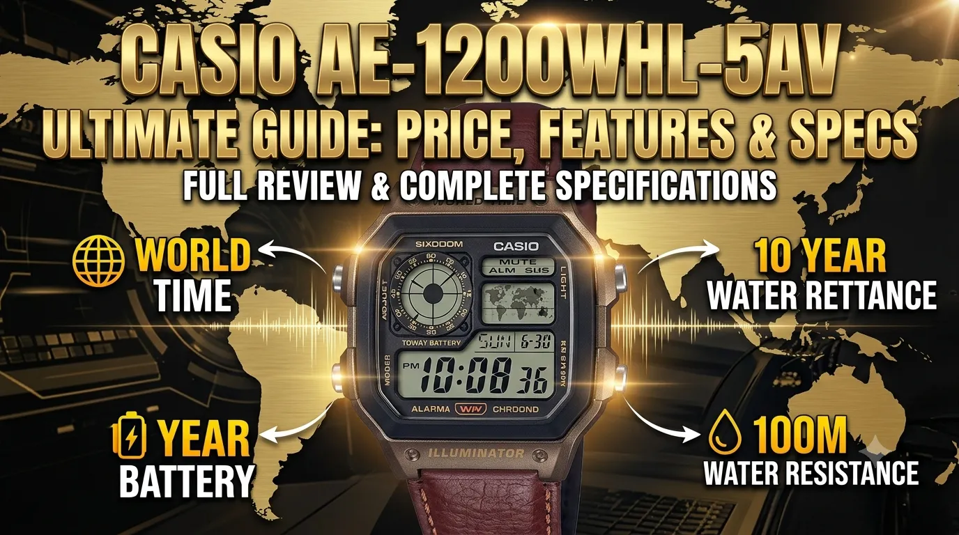 Casio AE-1200WHL-5AV World Time digital watch with brown leather strap