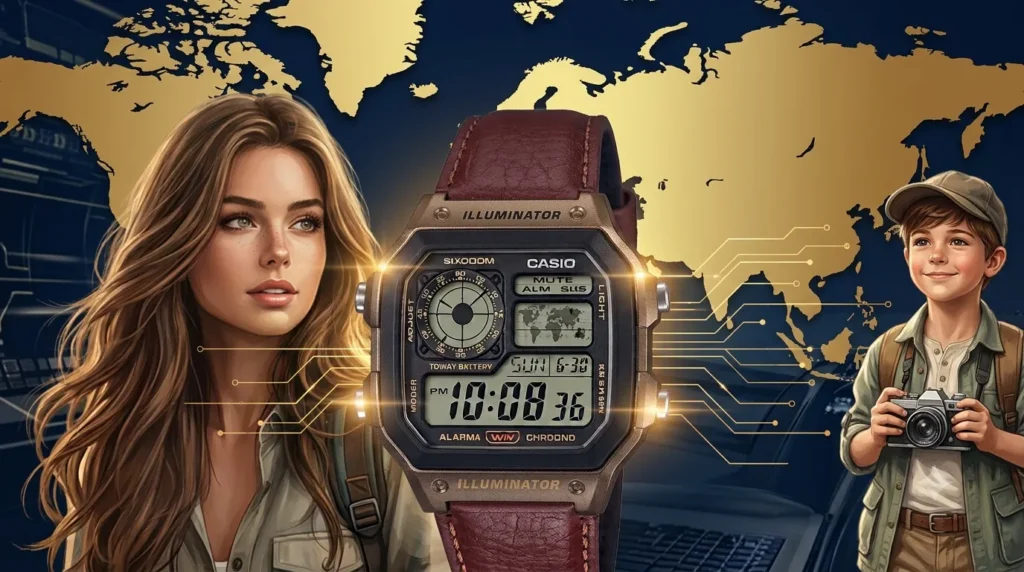 Casio AE-1200WHL-5AV displaying World Time and LCD screen