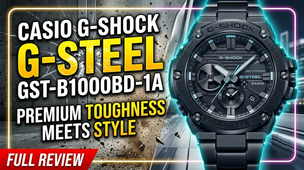 Casio G-Shock G-Steel GST-B1000BD-1A front view with black stainless steel bracelet