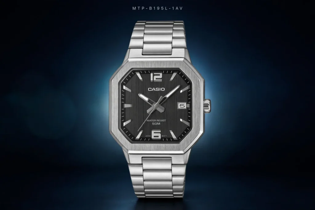 Front view of the Casio MTP-B195L-1AV analog watch