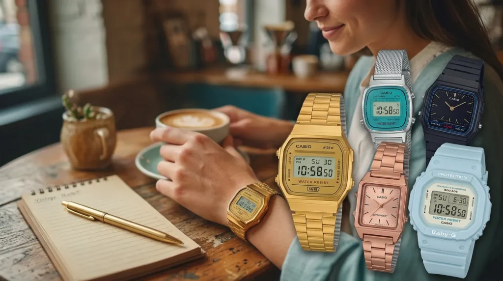 Gold tone Casio LA670WGA digital watch with stainless steel bracelet on woman's wrist
