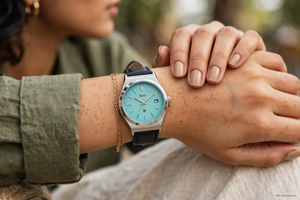 HMT Tareeq Quartz Turquoise Blue watch front view