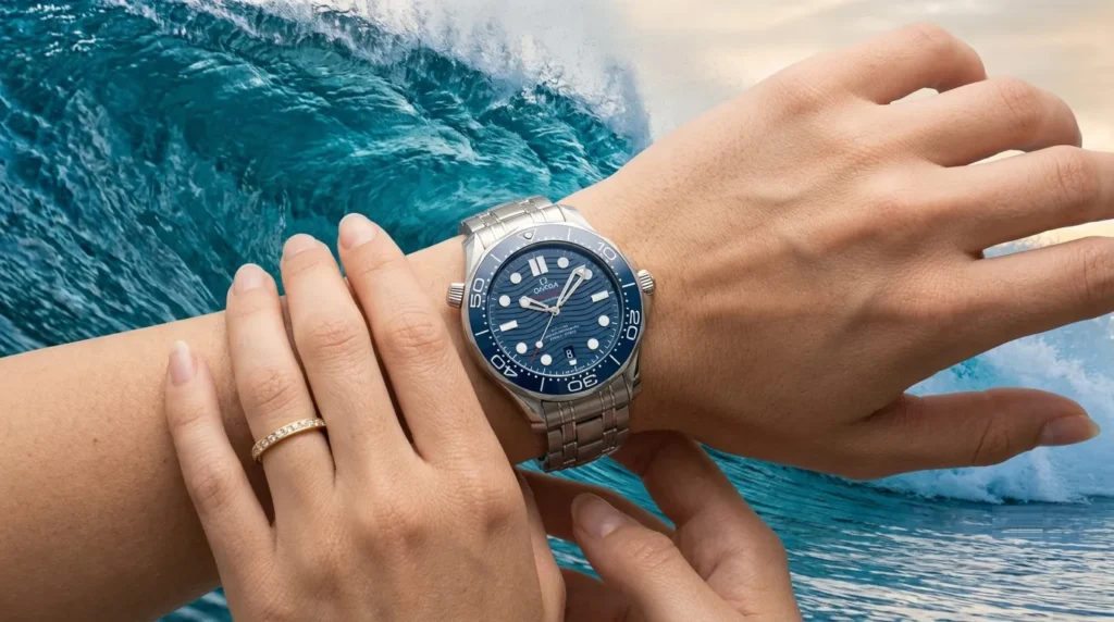 Omega Seamaster dial reflecting sunlight showing glare issues on the glossy ceramic surface.