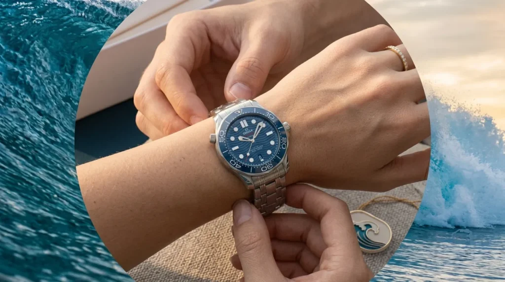 Omega Seamaster Diver 300M on a 7-inch wrist demonstrating lug curvature and fit.