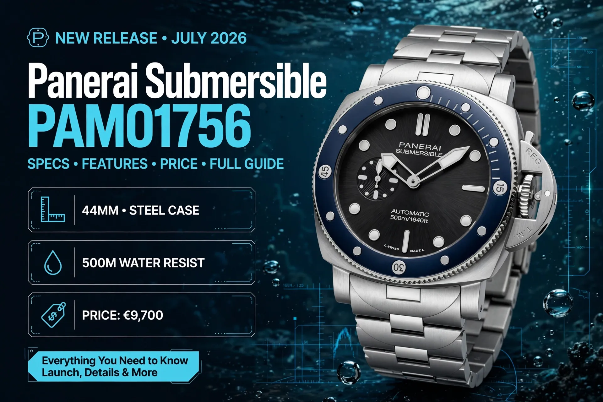 Panerai Submersible PAM01756 front view showing the black dial and rotating dive bezel