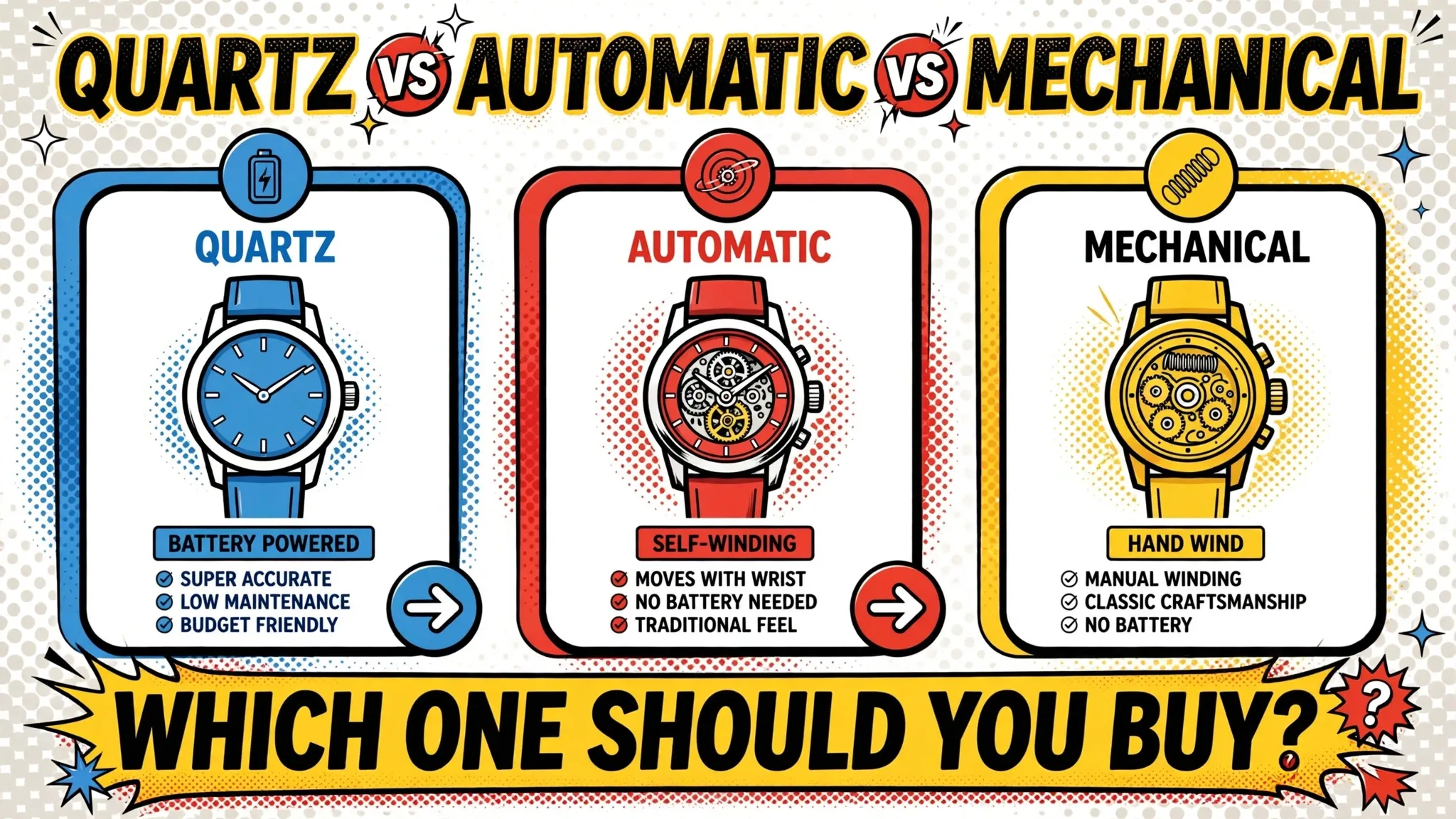 Quartz vs Automatic vs Mechanical Watch infographic
