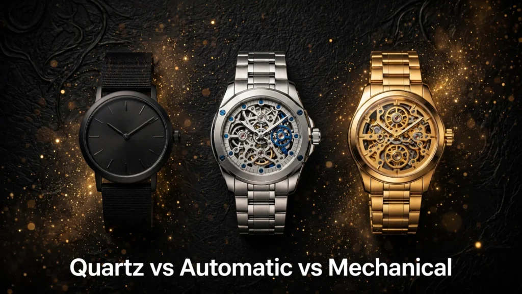 Quartz, automatic, and mechanical watches displayed together