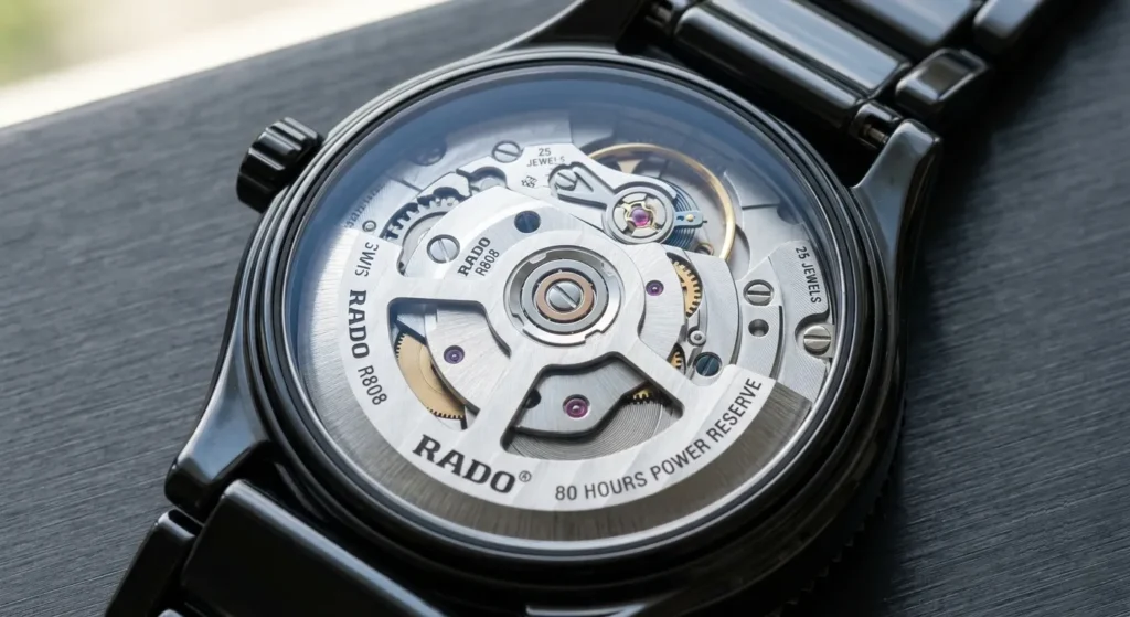 Rado R808 automatic movement with 80-hour power reserve and Nivachron hairspring