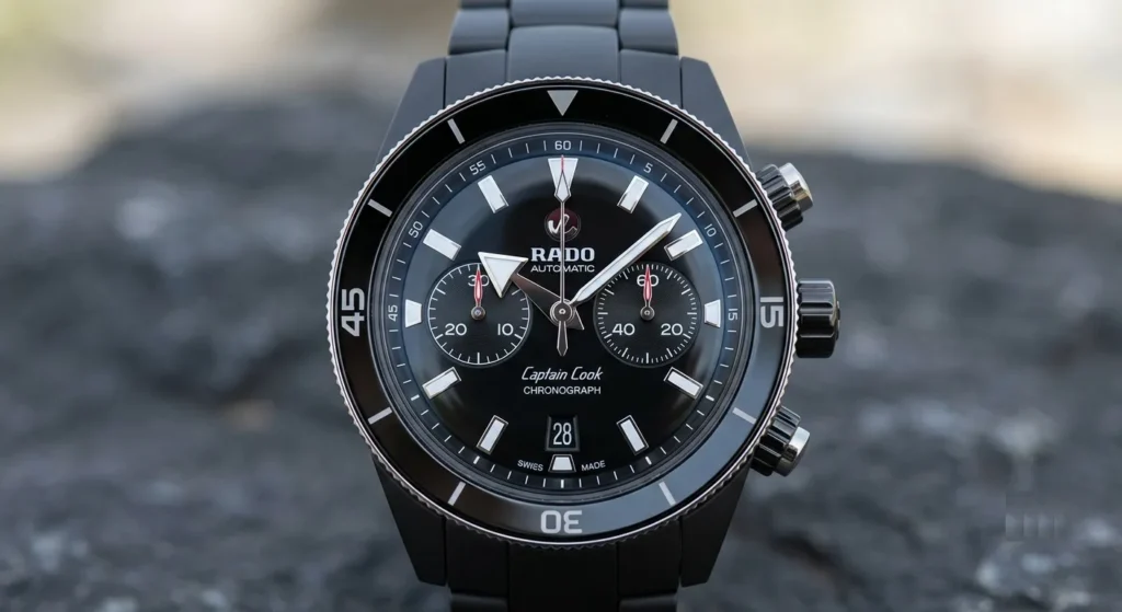Rado Captain Cook High-Tech Ceramic Chronograph with navy blue dial and 300m water resistance