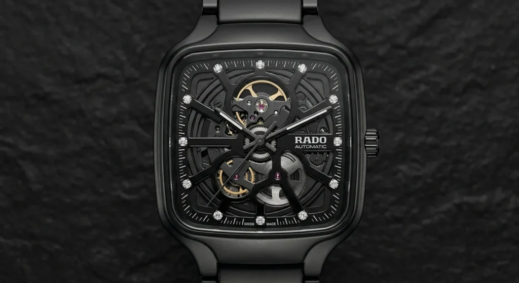 Rado True Square Skeleton Diamonds featuring monobloc plasma ceramic case and diamond markers