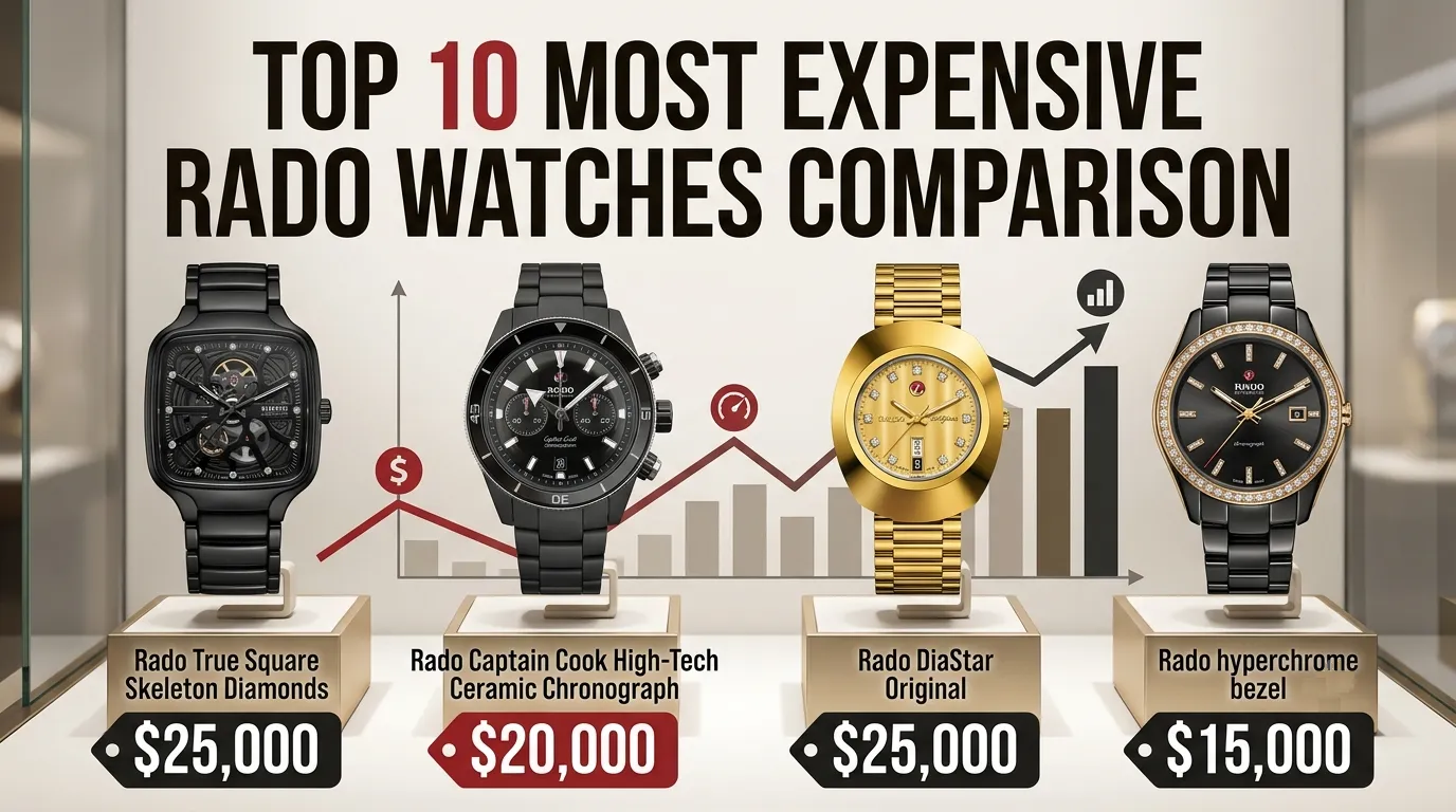 Comparison chart of the top 10 most expensive Rado watches in 2026 with prices