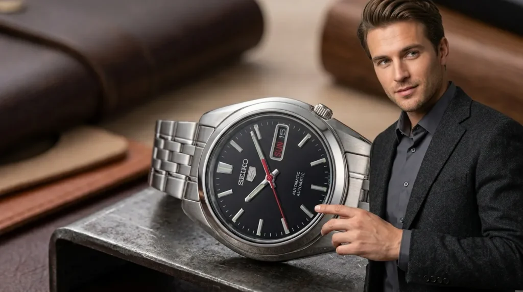 the Seiko SNK381K1 showcasing its automatic movement case back