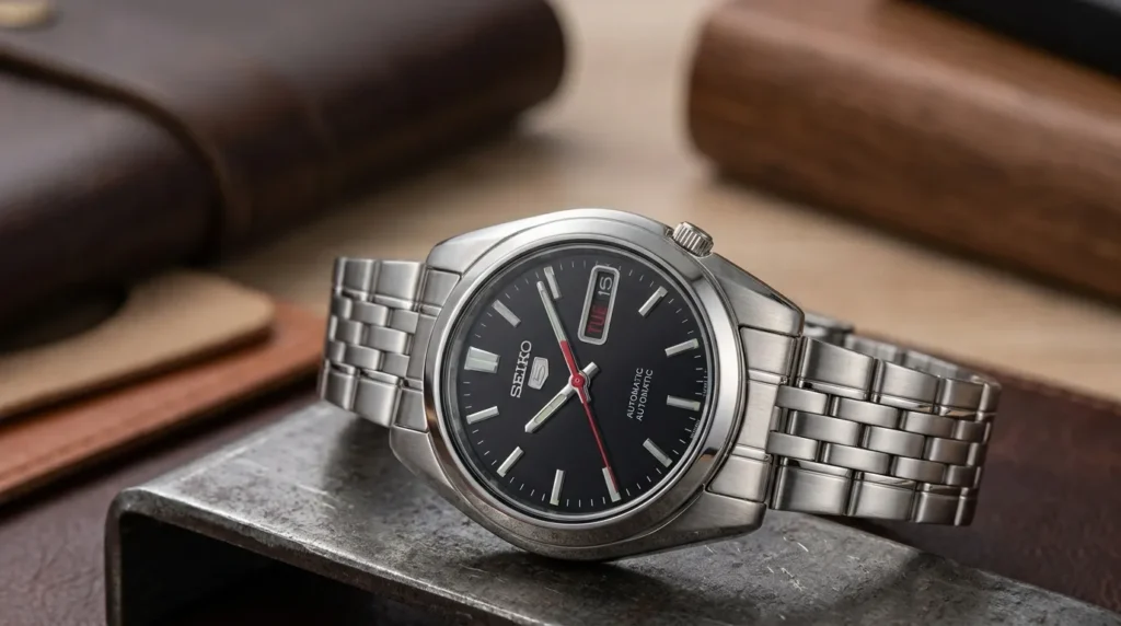 Seiko SNK381K1 worn on the wrist displaying its classic everyday style