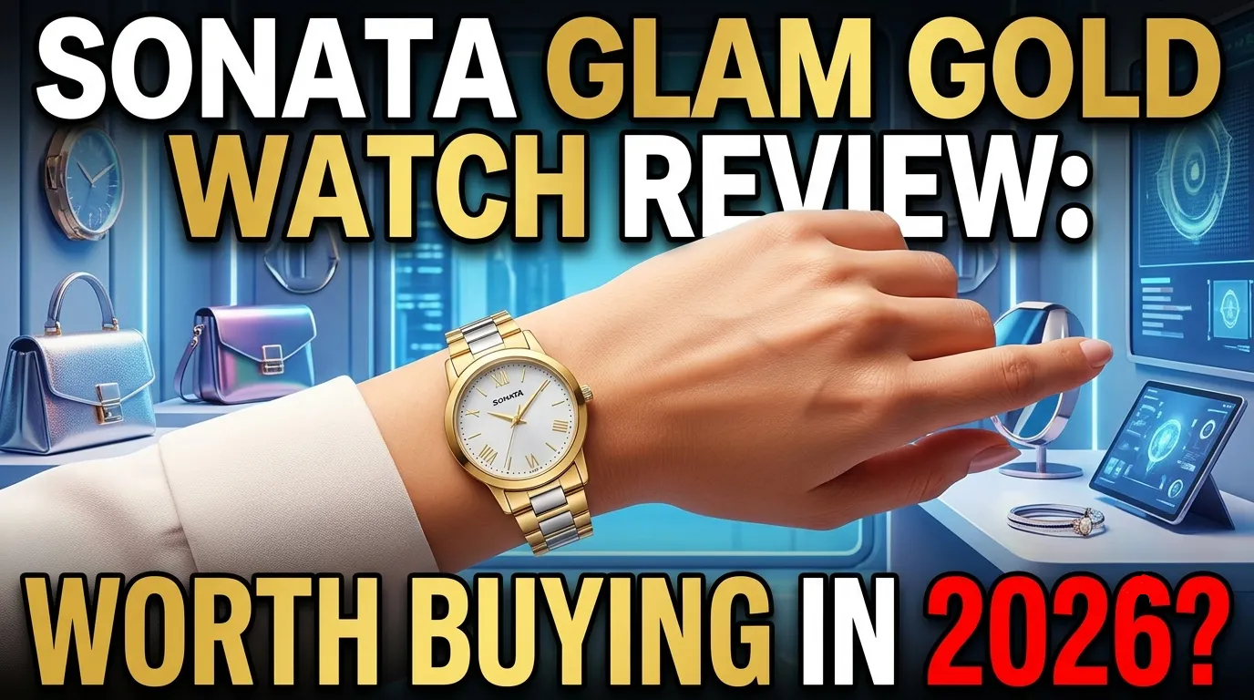 Sonata Glam Gold Quartz Analog White Dial Stainless Steel Strap Watch for Women on display,