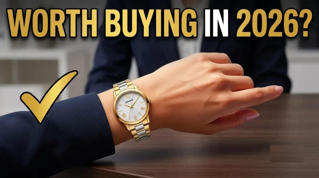 Sonata Fashion Watch for Women with white dial and gold strap