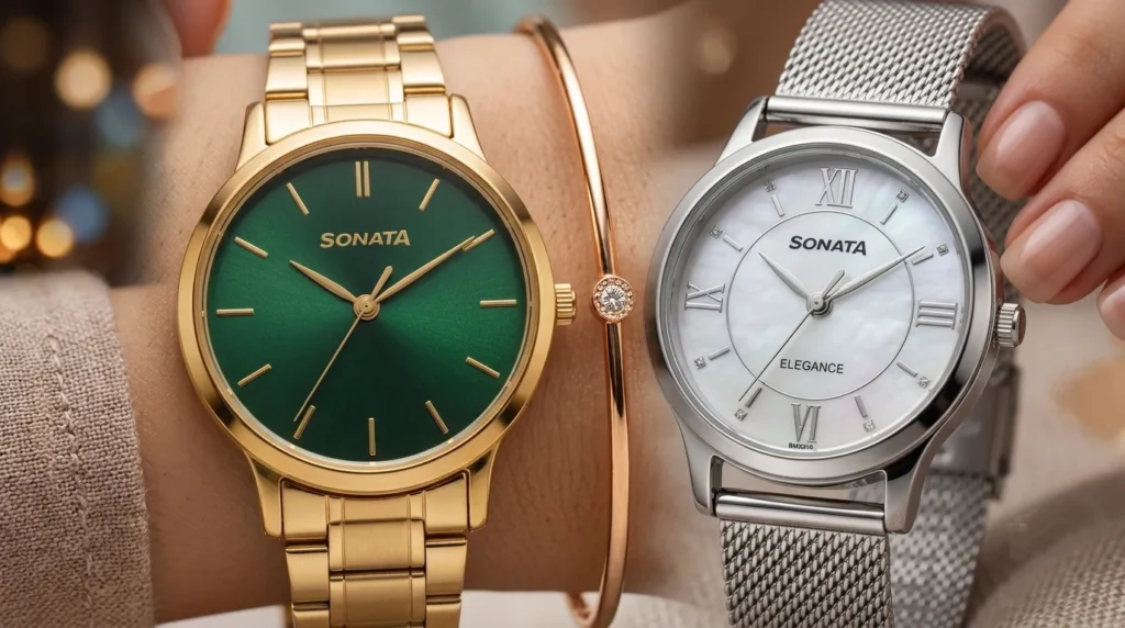 Sonata Poze green dial watch with mesh strap showing minimalist design and slim profile