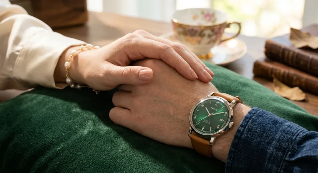 Timex Marlin dial showing applied indices, pencil hands, and date window at 3 o'clock