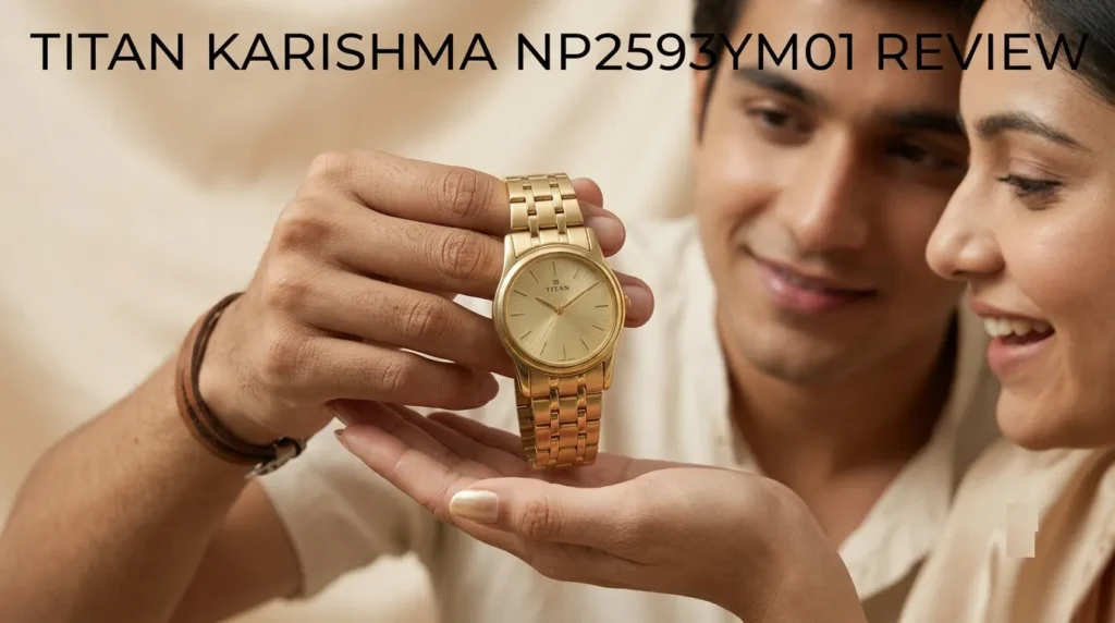Titan NP2593YM01 Review Titan Karishma Champagne Dial Golden Stainless Steel Strap Watch for Women, in the thumbnail watch should be best visible