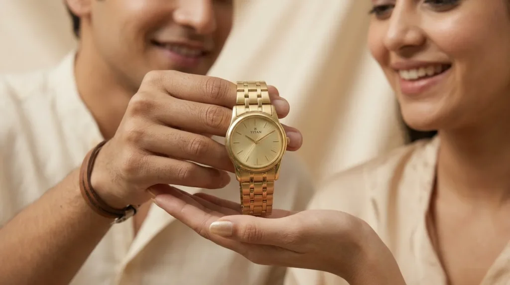 Titan watch mineral glass face, golden analog watch for women