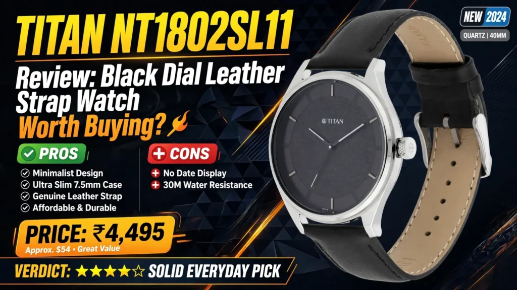 Titan quartz black dial leather watch