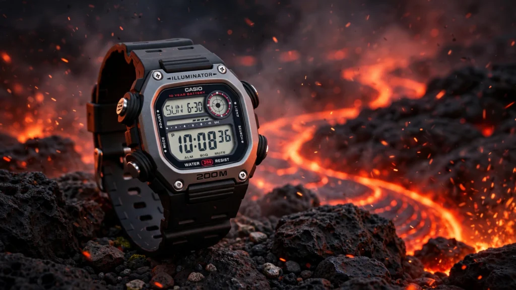 Casio DW-291H-1AV displaying world time and LCD screen
